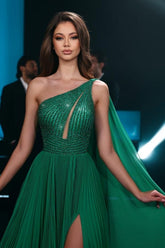 Emerald A Line One Shoulder Chiffon Beading Formal Dress With Slit